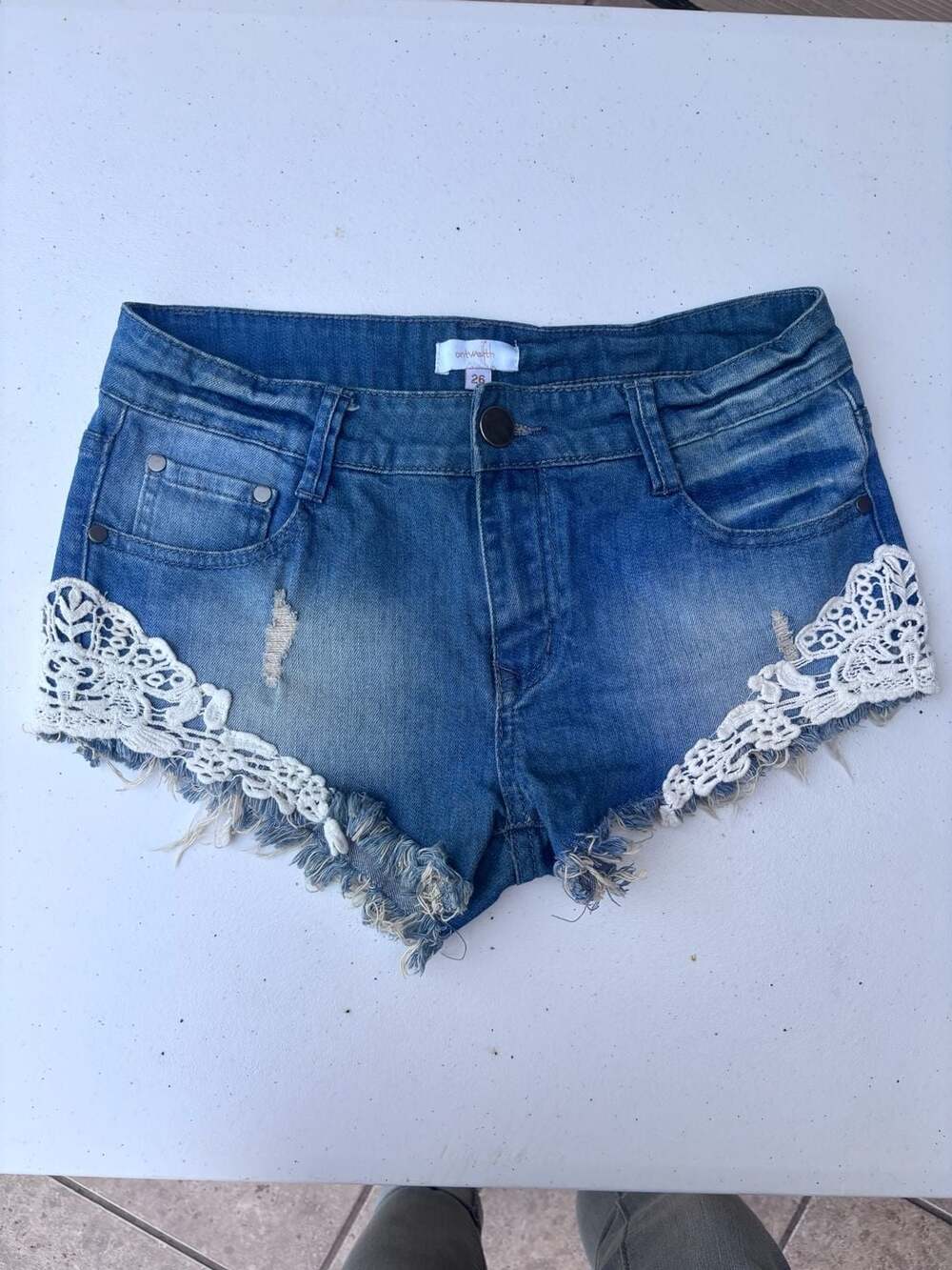 Ontwelfth Crochet Lace Trim Denim Shorts, Distressed Cut-Offs, Size 26